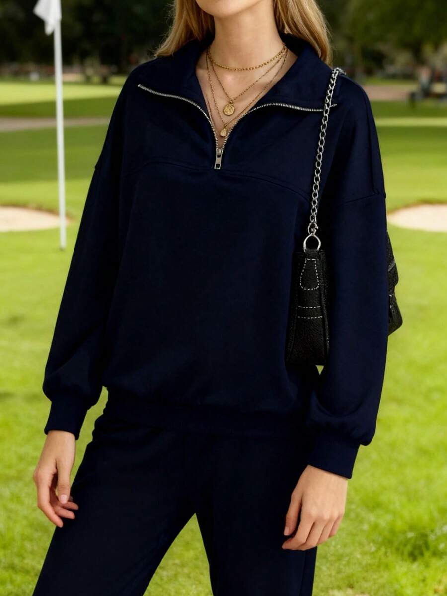 2026 Early Spring New Arrival Set: Versatile, Comfortable, Lightweight, And Casual;[Designer Half-Zip Stand-Up Collar Sweatshirt] Niche High-End Feel, Loose Silhouette, Versatile Layering Artifact - Màu xanh lam - Xem 1