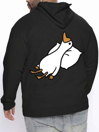 1 pieza Sudadera con capucha negra de talla grande para hombres con estampado de pato lindo, forro térmico, tela gruesa para otoño/invierno, uso casual al aire libre