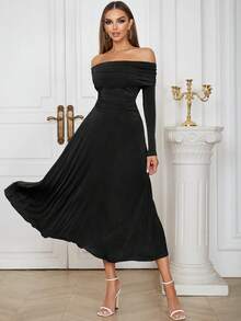 女士不对称肩部荷叶边长袖A字型派对连衣裙 - 黑色 - 查看 1