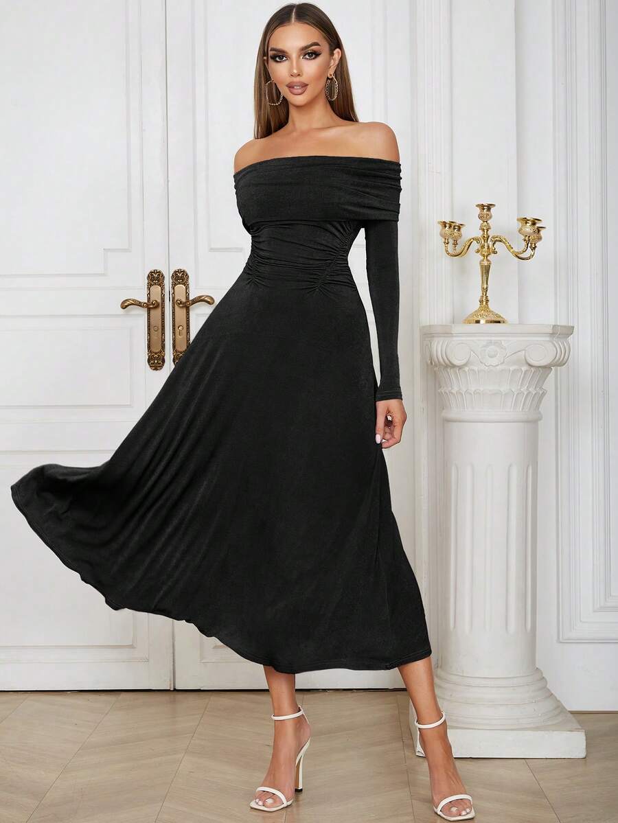 女士不对称肩部荷叶边长袖A字型派对连衣裙 - 黑色 - 查看 1