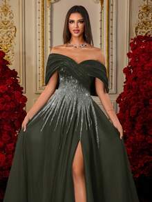 Ein königsblauer Farbverlauf Pailletten Stickerei Off-Shoulder Tüll Maxirock Luxus Abendkleid - Grün - Übersicht 7