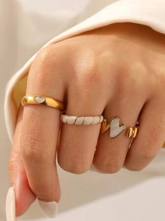 3pcs/Set Fashionable Minimalist Elegant Sweet Plated Stainless Steel Geometric Heart Adjustable Open Rings, Suitable For Women Daily, Party, Date Wear