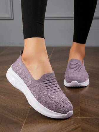 Women's Casual Slip-On Breathable Knit Flat Shoes, Lightweight And Comfortable For Walking