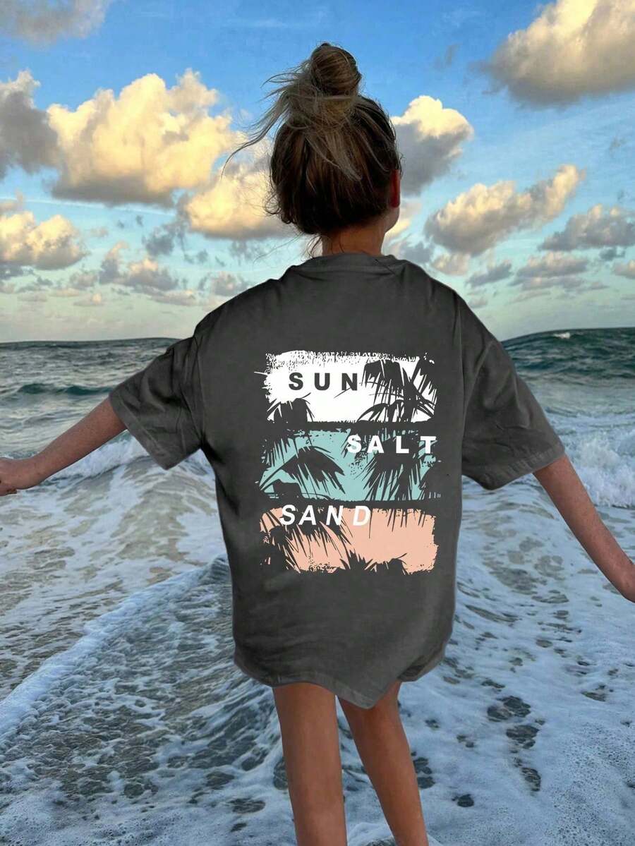 Tween Girls Palm Tree Print Round Neck Short Sleeve T-Shirt, Summer Top - Dark Grey - View 1