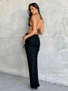 بيكيني نسائي أنيق وجذاب بحمالات رفيعة باللون الأسود مع تنورة شفافة، مجموعة ملابس سباحة مرنة وأنيقة، مناسبة لحفلات الشاطئ