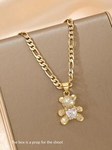 1 pièce Collier pendentif en forme de petit ours de style européen et américain, en cuivre incrusté de zircone, hypoallergénique, empilable. Convient comme cadeau de Noël/Thanksgiving/Halloween/Fête des Mères/Saint-Valentin pour les couples/amis/parrains, Première communion catholique, port quotidien et festif - Or jaune - Voir 3