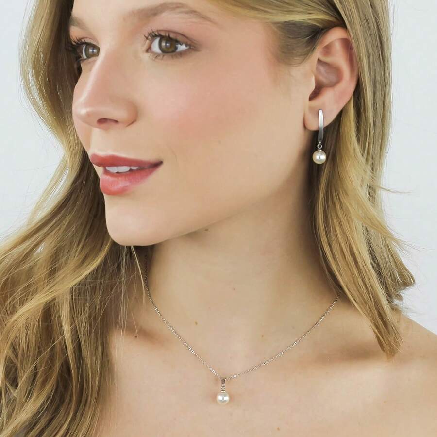 Women's Set: Earrings, Necklace, Pearl Pendant, Bar Jewelry, Stainless Steel, Hypoallergenic. - Bạc - Xem 1
