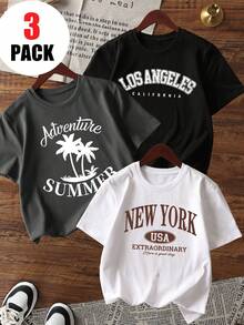 3 件/套青少年女孩休闲印花圆领短袖 T 恤，酷炫风景画设计夏季学生 - 时尚 T 恤为每个孩子带来欢乐和幸福！