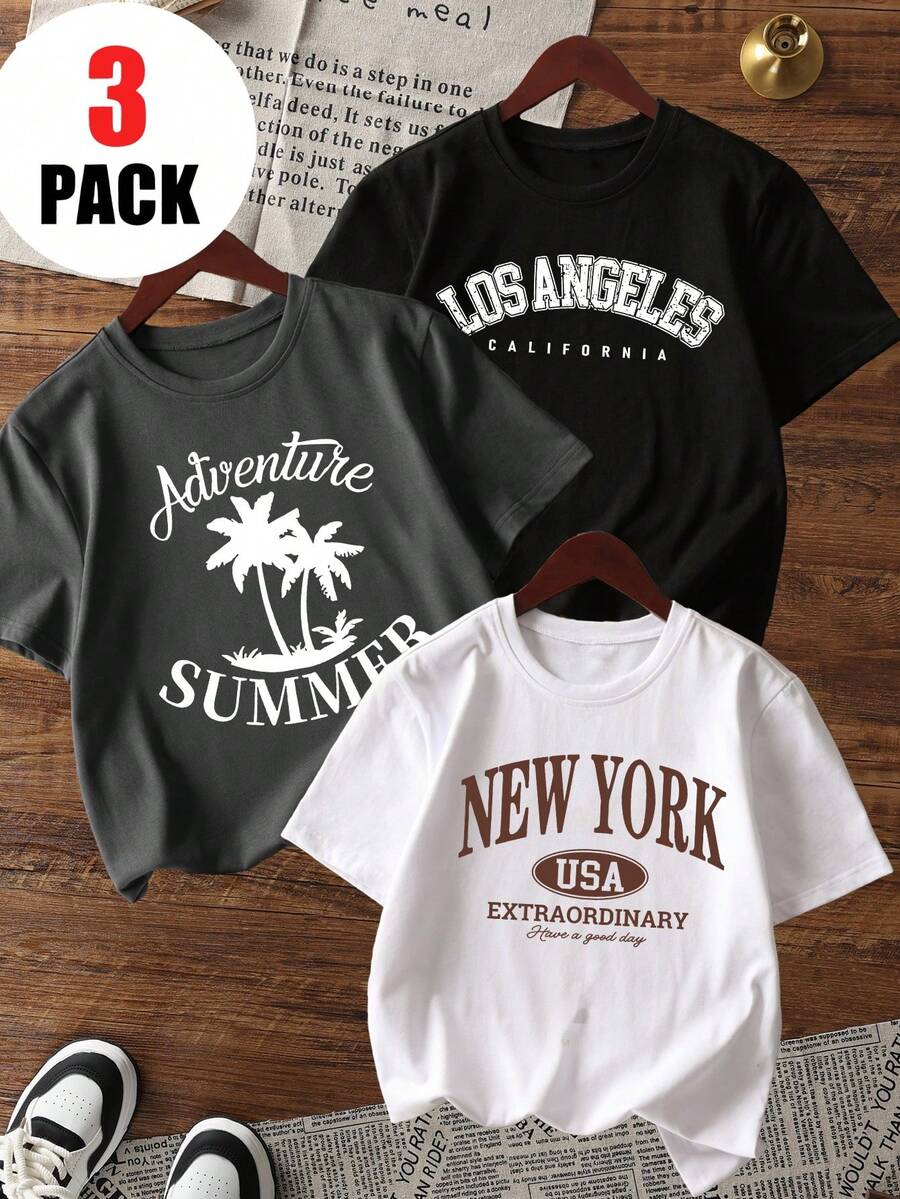 3 件/套青少年女孩休闲印花圆领短袖 T 恤，酷炫风景画设计夏季学生 - 时尚 T 恤为每个孩子带来欢乐和幸福！ - 深灰色 - 查看 1