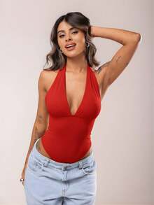 Women's Bodysuit, Low-Cut, Polyamide, Deep Neckline, Halter Neck, Multi-Way Style – Elegant Blogger Fashion - 紅色 - 查看 4