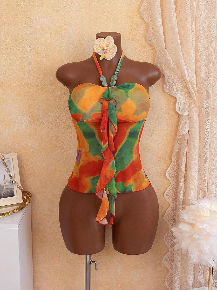 Women's Summer Random Print Wide Strap Ruffle Trim Spaghetti Strap Bikini Top