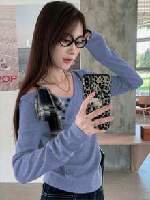 不对称蝴蝶结露肩针织衫，修身长袖女式上衣 - 藍色 - 查看 4