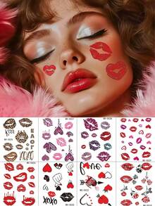 8 Sheets Kiss Tattoos Stickers With Leopard Print Rose Flowers Hearts Lip Temporary Tattoos For Women Makeup Valentine's Day Decoration Party Festival Accessories - Multicolor - View 10