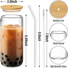 Vasos de vidrio de 20 onzas con tapas y pajitas, juego de 12 vasos para beber en forma de lata, taza de caf helado, vasos de cerveza para jugo, soda, licuado, t de Boba, whisky, cctel incluye 2 - Transparente + 20 oz - Paquete de 12 - Ver 3