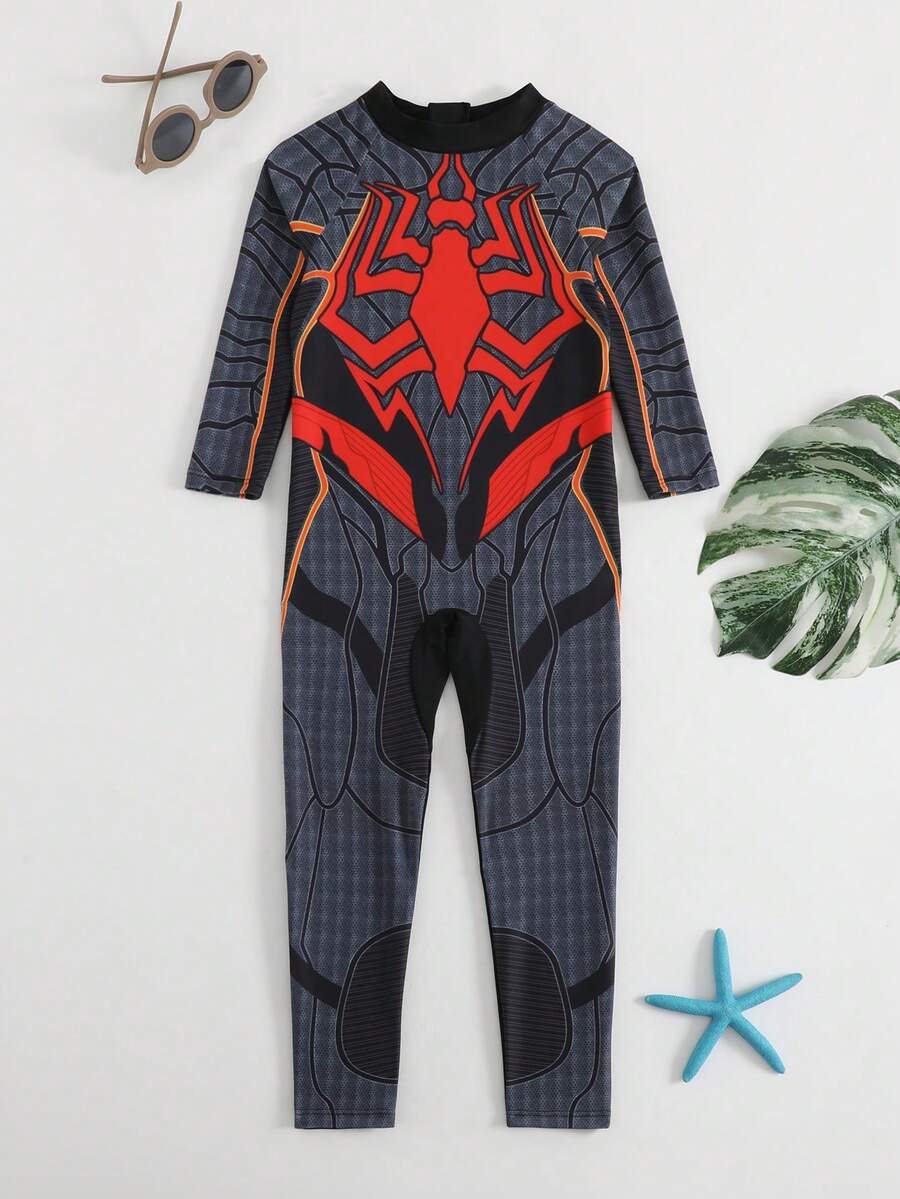 1件装幼儿男童卡通印花长袖长裤拉链连体泳衣