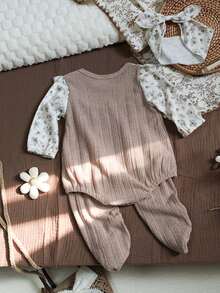 女婴碎花翻领长袖连体衣，配同款碎花发带和可爱袜子 - 杏色 - 查看 2