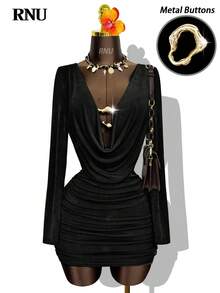 女士褶裥领/金属纽扣镂空/极简亮片弹力修身下摆，休闲夜店商务休闲装，演唱会服装，办公服装，高弹修身休闲日常装，情人节，狂欢节，新年生日礼服，性感夜店派对，街头，度假，约会，春夏秋冬长袖新款短裙 - 黑色 - 查看 8