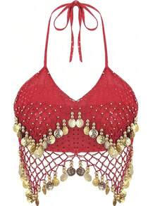 Women's Backless Crop Top With Sequins, Beads, Tassels And Tie, Short Midriff Belly Dance Top, Bohemian Style, Festival Belly Dance Performance Costume, Dance Wear, Belly Dance Outfit, Fairy Accessories, Bodysuit, Mask, Cleopatra, Egyptian Belly Dance Costume - Multicolor - View 13