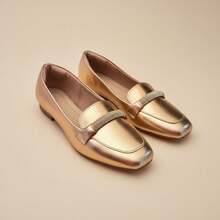 Women's Moccasin Flats With Rhinestones And Square Toe Comfort - Hoa hồng vàng - Xem 3