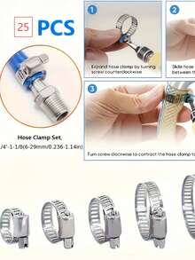 25 件套优质软管卡箍套装 - 不锈钢软管卡箍，带根部驱动，组合装，尺寸从 1/4 英寸到 2-3/4 英寸不等，可调节蜗杆驱动卡箍，适用于燃油管路、管道系统、汽车应用、散热器管道和管线施工。 - 二十五個裝 - 查看 7