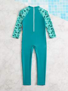 Girls Cute Mermaid Print Zipper Long Sleeve One-Piece Rash Guard Swimsuit - Mint Blue - View 6