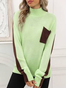 Women's Contrast Color Pocket Ribbed Knit Sweater, Casual Wear For Autumn/Winter - Green - View 4