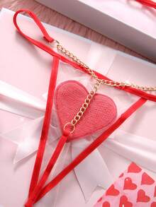 2pcs Valentine's Day Gift Women's Sexy Lingerie Set, Adjustable Straps Triangle Cup Bra With Single Hook Closure And Metal Chain Back Connection Thong, Velvet Heart Pattern, Comfortable & Seductive Intimate Apparel Set - Red - View 4