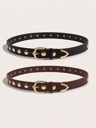 2-delars set med vintage punkbälten och guldnit för kvinnor, innehåller 1 svart och 1 kaffefärgat bälte med guldnitdekor, mångsidigt för cowgirl, jeans, fritidskläder, utomhus, campus, födelsedag, fest, helgdag, höst/vinter, halloween, jul