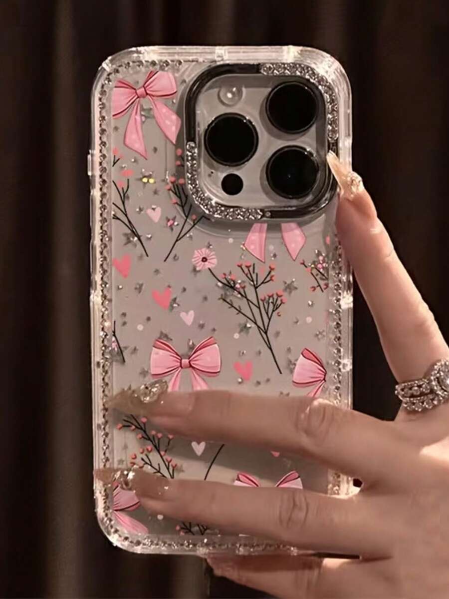 Étui de téléphone à motif de nœud papillon rose luxueux et de branche, avec protection complète, compatible avec 17 ProMax, 17 Pro, 17, Air, 17, 16, 15, 14, 13, 12, 11 Pro Max Plus, protection de l'objectif avec strass, coque arrière souple et protectrice, idéal comme cadeau pour les filles - Transparent - Voir 1