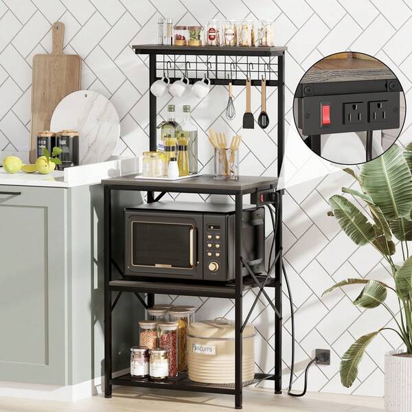 Kitchen Bakers Rack With Outlets, Coffee Bar Table 4 Tiers Microwave Stand, Light Black Oak