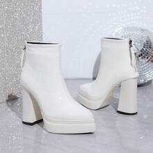 Women's Beige New Fashion Comfortable Pointed Toe PU Striped Patent Leather Chunky Heel Ankle Boots With Back Zipper, Suitable For Spring/Autumn Outdoor Casual, Holiday Party, Versatile High Heel Booties - Beige - View 10