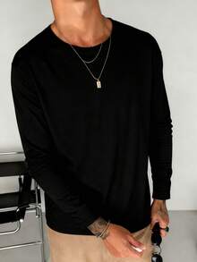 男士休闲纯色长袖T恤，日常叠穿必备，春秋季 - 黑色 - 查看 2