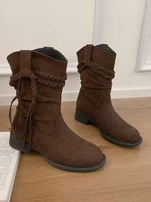 2025 New Mid-Calf Boots For Women, Brown Maillard Chunky Heel Mid-Calf Cowboy Boots For Autumn/Winter,Cowgirl Boots - Coffee Brown - View 4