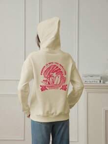 Tween Girl Tropical Print Pullover Sweatshirt Sweatshirt, Warm & Comfortable Thermal Lined Pullover Sweatshirt For Autumn/Winter - Apricot - View 2