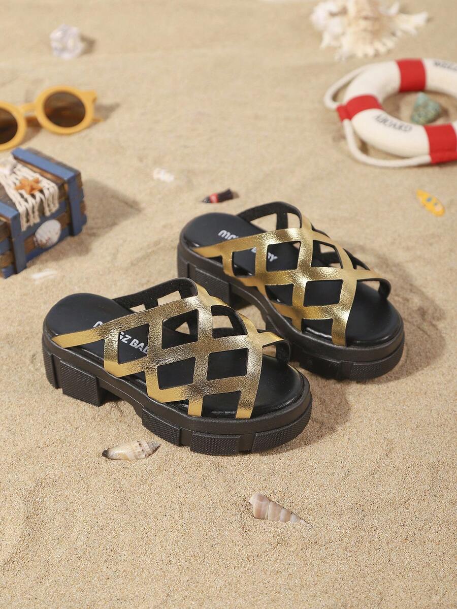 儿童时尚拖鞋，新款夏季加厚鞋底网眼镂空设计，时尚舒适透气儿童高跟拖鞋 - 金色 - 查看 1