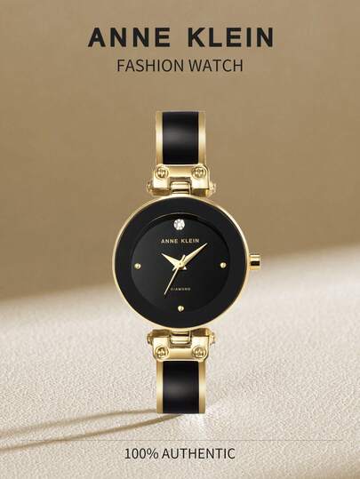 Anne Klein Women's Black Dial Gold Rhinestone Bracelet Watch, With Gold Hands & Markers, Jewelry Clasp & Extension Chain, AK/1980BKGB