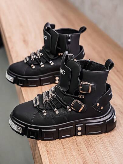 Autumn/Winter Plus Size Men's New Thick Sole Boots, Outdoor Short Boots, Punk Style Fashion Rivet Motorcycle Boots, Casual Luxury Elevated Ankle Boots, British Style Retro Work Boots