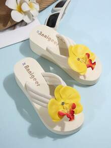 Giày sandal đế dày thời trang thường ngày dành cho nữ, dép xỏ ngón đi biển mùa hè có họa tiết hoa giả, dép xỏ ngón chống trượt EVA nhẹ và thoải mái - Màu vàng - Xem 3