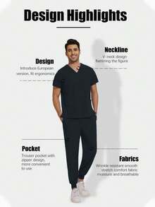 Men's Short Sleeve Top And Pants Set, Nurse/Doctor/Veterinary Uniform - Black - View 5