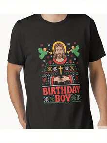 Camiseta Esencial de Navidad de Jesús, Camiseta Negra para Fiestas de Navidad y Atuendo Casual, Perfecta para Actividades Festivas para Reuniones Familiares, Nochebuena, Año Nuevo, Ropa Festiva, Ropa de Temporada, Top de Manga Corta, Diseño Festivo - Negro - Ver 2