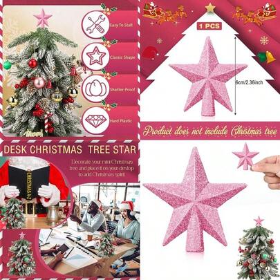 Mini Christmas Tree Topper Small Star Treetop For Christmas Tree Star Ornaments Decorative For Home Xmas Holiday Party 2.36 InchGlitter Pink