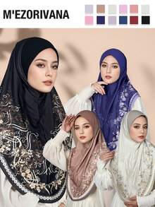 1pc Floral Print Bohemian Polyester Chiffon Hijab With Rhinestone Embellished Brim, All Season - One-piece Diamond-encrusted Hat With Brim - View 8