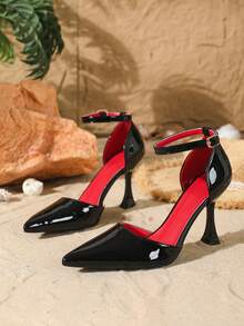 9cm Pointed Toe High Heel Pumps For Women, Elegant Stiletto Heels With Buckle Strap, Mirror PU Material Color Block Sexy Red Black High Heels, Suitable For Daily Wear, Party, Christmas, Thanksgiving, Valentine's Day, Date, Prom, Work,Mothers Day Gift - Black - View 4