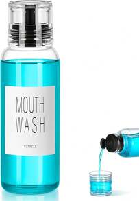 Glass Mouthwash Dispenser Bathroom, 10 OZ Mouth Wash Container Bottle With Lid Cup, Countertop Small Clear Refillable Mouthwash Dispensers Decanter, Set Of 2 (White) - 1P Black - 查看 1