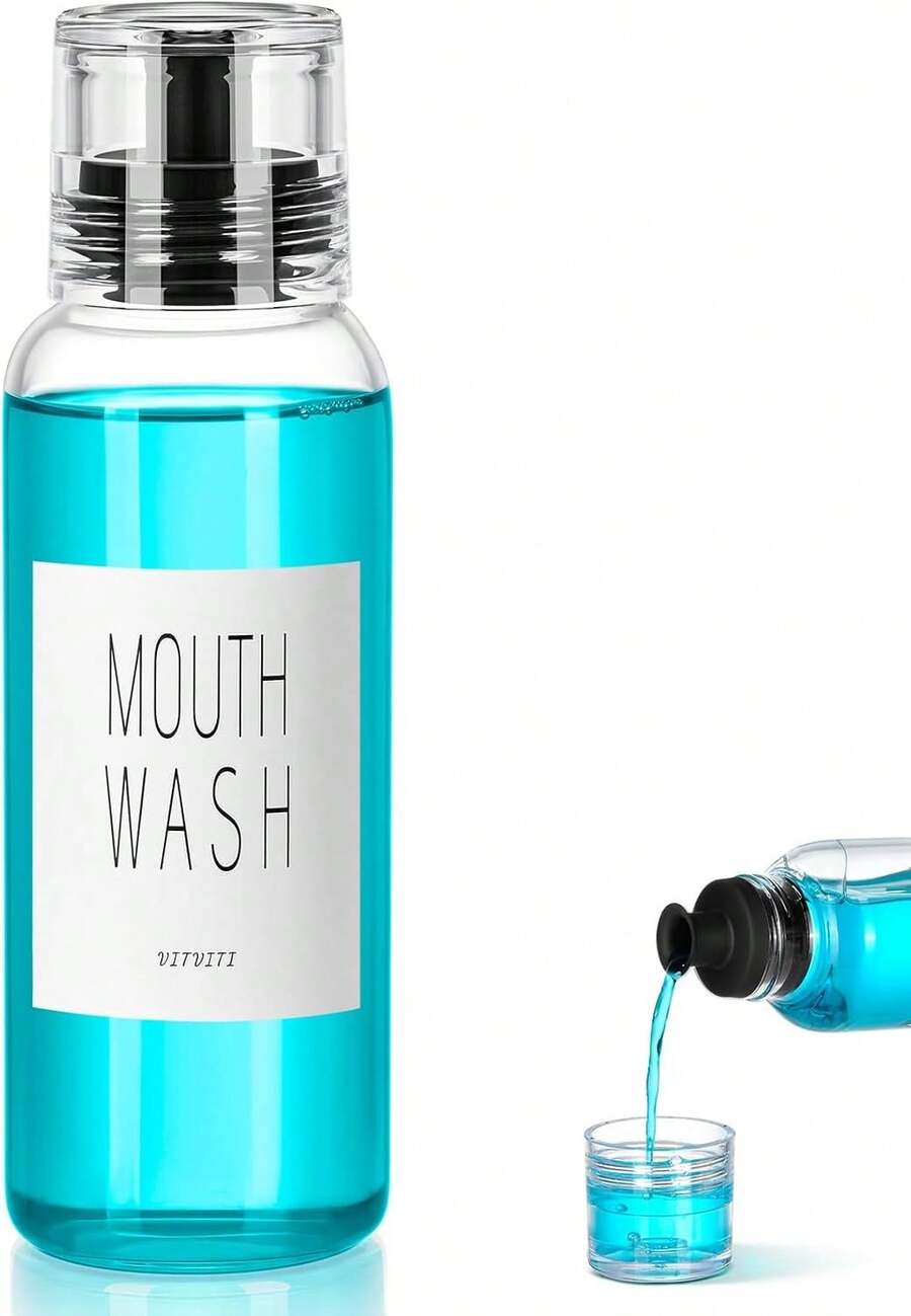 Glass Mouthwash Dispenser Bathroom, 10 OZ Mouth Wash Container Bottle With Lid Cup, Countertop Small Clear Refillable Mouthwash Dispensers Decanter, Set Of 2 (White) - 1P Black - 查看 1