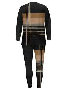 [Casual Letter Print Pantsuits] Women's Casual Pantsuits - Letter Print Crew Neck Long Sleeve T-Shirt & Skinny Pants Outfits - phong cách - Xem 2