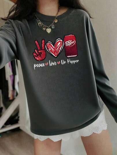 1pc Girls Casual Round Neck Long Sleeve T-Shirt With Soda Hand Gesture & Heart Print, Attractive Graphic Tee For Young Students, Autumn