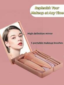 一套旅行化妆刷套装，全新6支迷你便携化妆刷带镜盒，粉色化妆包，多功能粉底刷、腮红刷、眼影刷、唇刷，旅行必备美妆工具，旅行便携化妆刷套装，便携式化妆刷套装，旅行必备，情人节礼物，价格实惠，旅行化妆刷，女士礼物，化妆师，专业全套化妆工具 - 藕粉色 - 查看 3