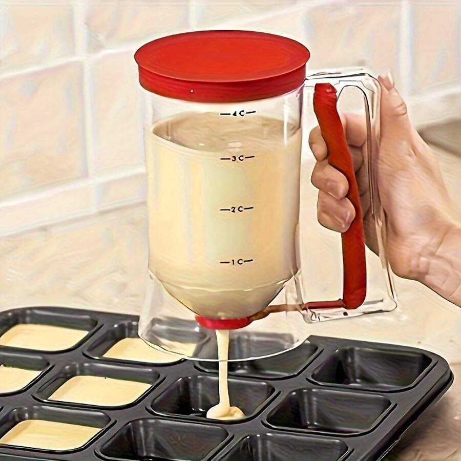 Easy Flow Pancake Batter Dispenser With Handle - Manual, No Electricity Kitchen Gadget For Making Perfect Pancakes, Cakes, Cookies And More - Includes Baking Pan With Removable Base, Red Lid, Transparent Plastic Design - Đỏ - Xem 1