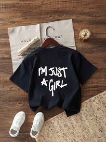 Tween Girl Casual Funny Print Crew Neck Short Sleeve T-Shirt, Summer Top - Navy Blue - View 3